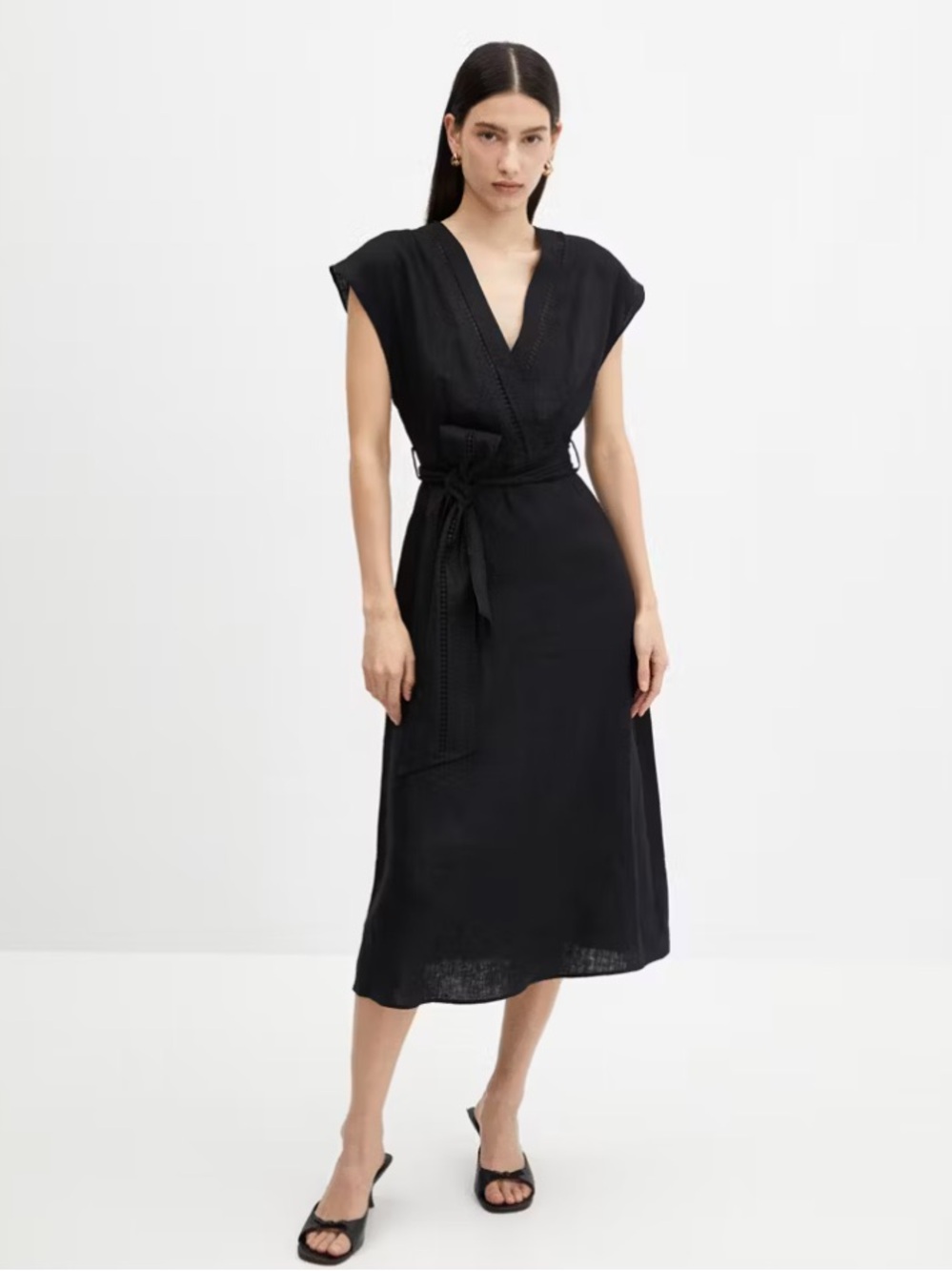 NWTS Black Linen Women's V-Neck Wrap Dress
